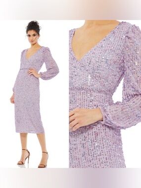 Mac Duggal Lavender Sequined Illusion Puff Sleeve Midi Dress 6 $298 107641
